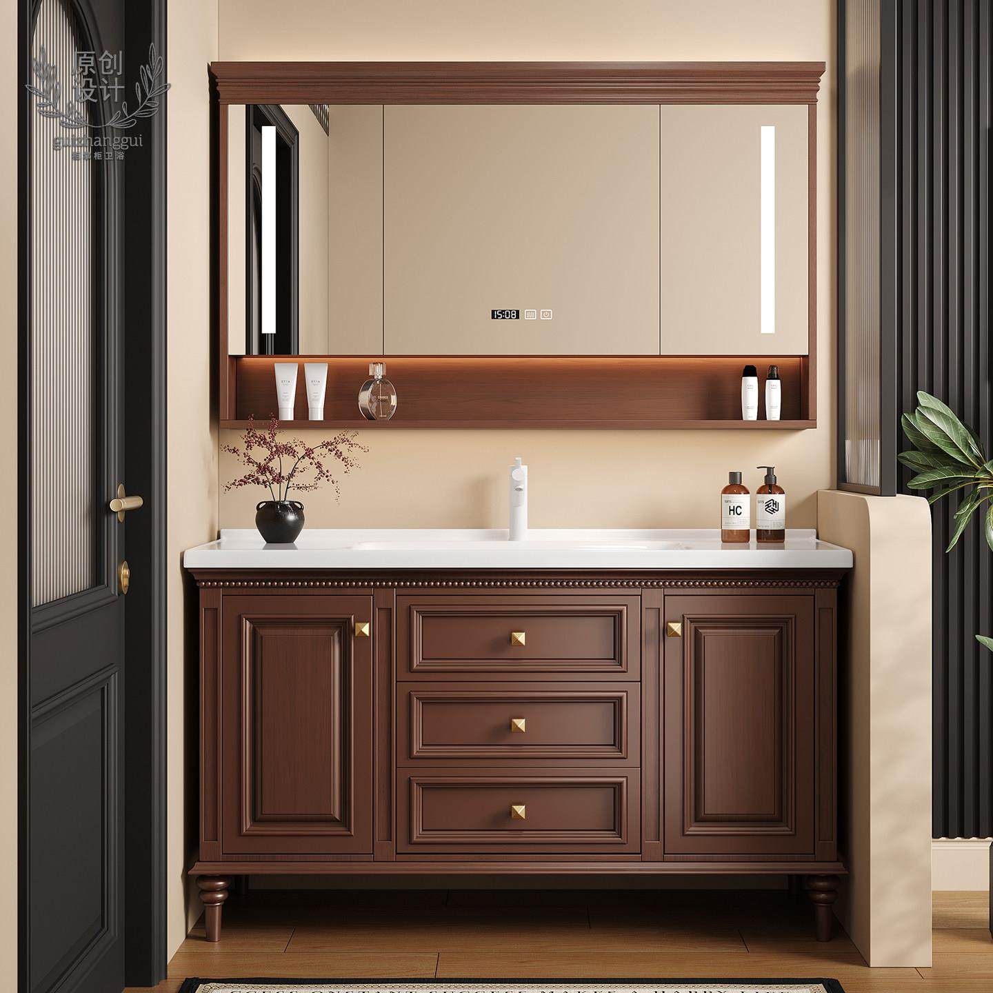 法式复古浴室柜组合橡木陶瓷一体盆洗脸盆柜卫生间洗漱台落地定制,家装主材,浴室柜组合,淘宝优惠券,粉丝福利购,淘宝优惠卷
