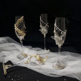 银色敬酒杯浅金色碎钻香槟杯高脚杯新婚礼物成品diy材料包带礼盒
