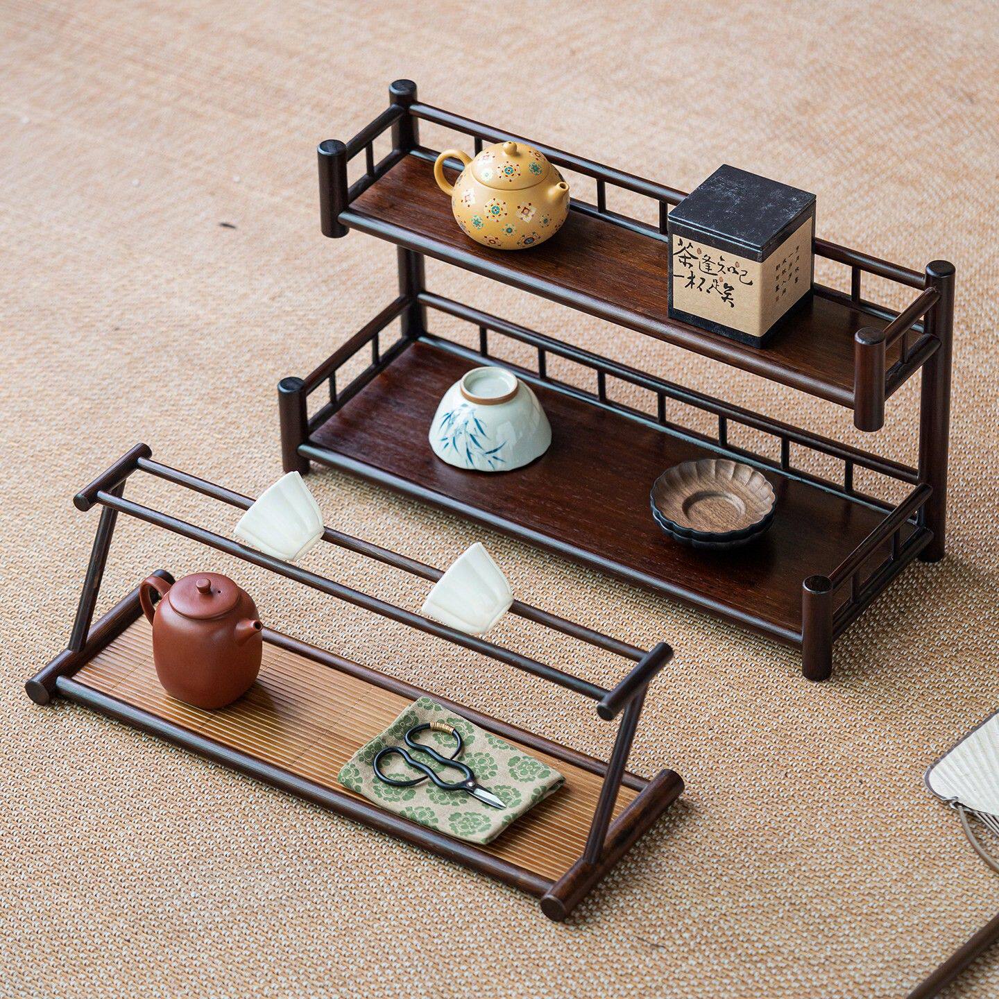 朴风竹制双层茶杯收纳架茶桌茶具置物架子复古多层茶托展示架家用