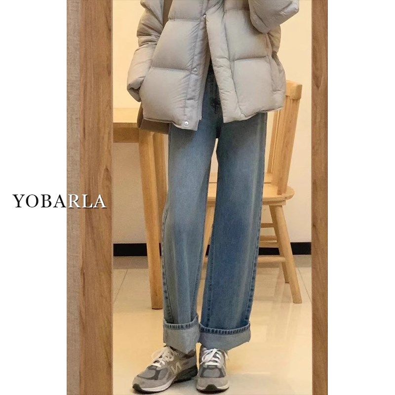 复古阔腿牛仔裤女秋冬加绒宽松大码梨形身材显瘦胖mm窄版直筒裤子