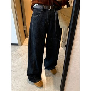 爱情魔鬼鱼 杏色高腰薄绒牛仔阔腿裤女2024秋冬宽松休闲裤长裤子