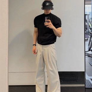 boxy版 夏季 型针织短袖 子男生酷帅穿搭套装 t恤解构弯刀阔腿裤 美式