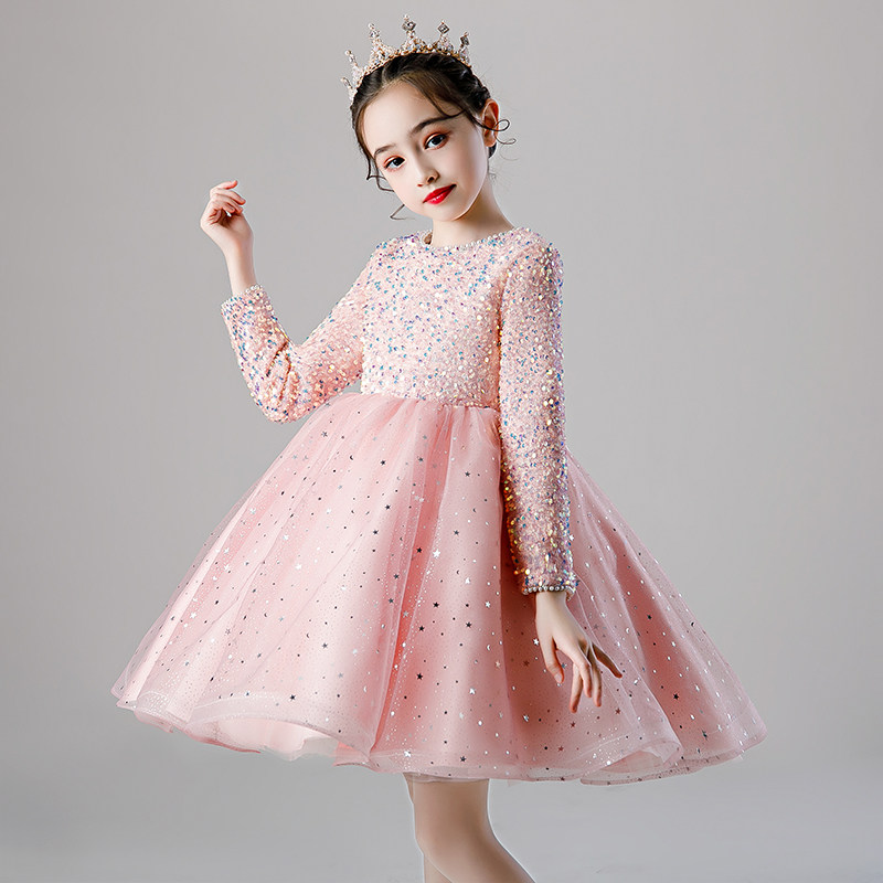 女童礼服红色儿童新年公主裙主持人小花童婚礼高端钢琴演出服冬季