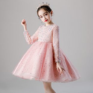 女童礼服红色儿童新年公主裙主持人小花童婚礼高端钢琴演出服冬季