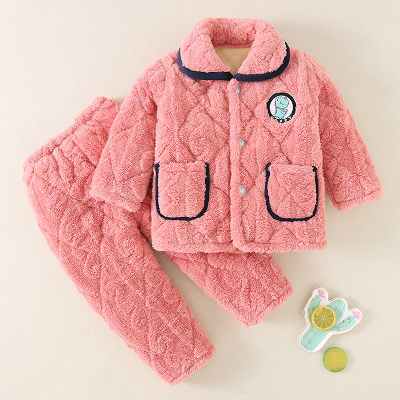 儿童法兰绒睡衣套装男童珊瑚绒女童开襟衫三层夹棉加厚家居服冬季