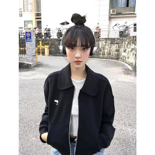 黑色方领短款卫衣外套女春秋2024新款宽松小个子拉链开衫夹克上衣