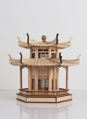 新中式禅意书房摆件创意木质凉亭建筑屋檐样板房间办公桌软装饰品