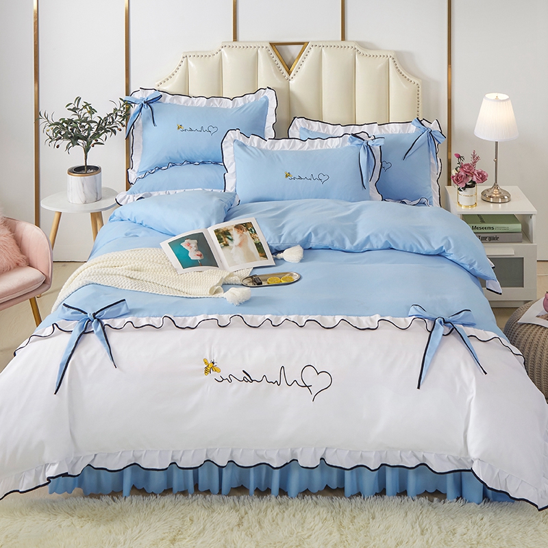 网红蝴蝶结被套公主风床上用品少女心床裙床罩加厚磨毛床单四件套