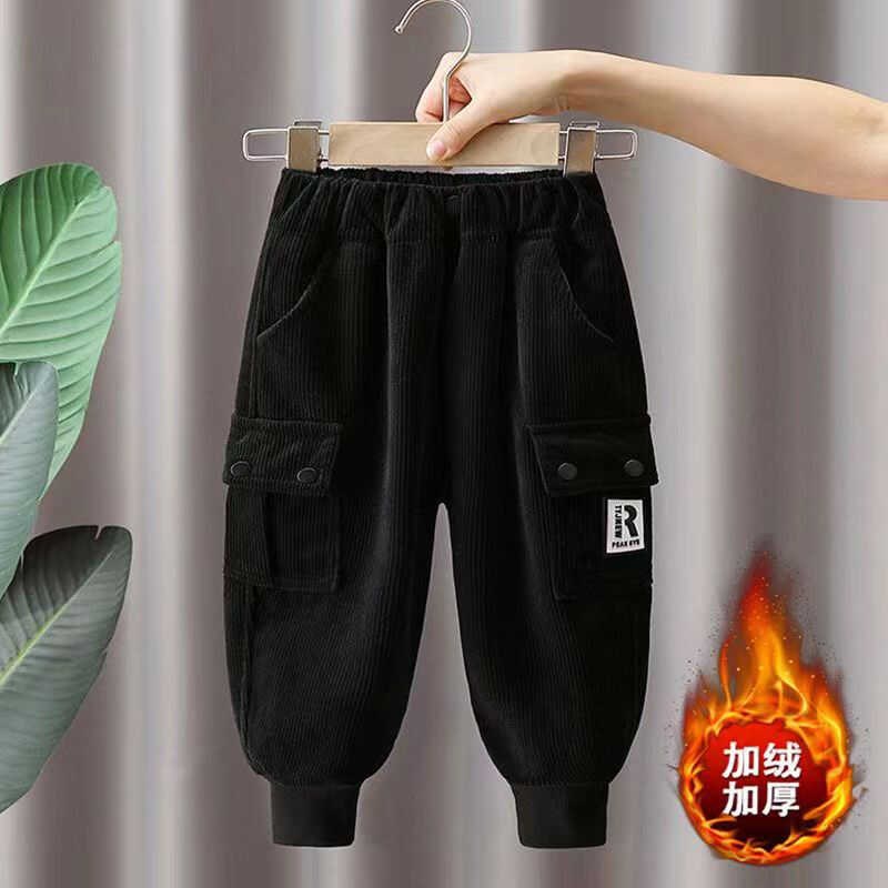 男童一体绒工装裤秋冬装2024新款宝宝加绒休闲裤儿童冬季灯芯绒裤