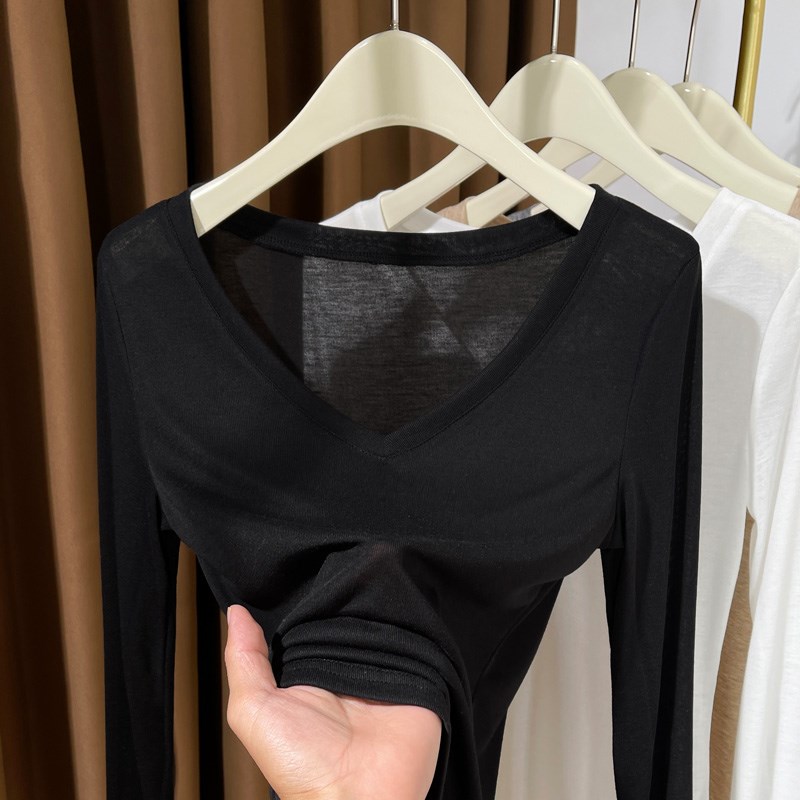 白色V领薄款叠穿内搭小衫女春秋2024新款显瘦针织打底衫长袖上衣