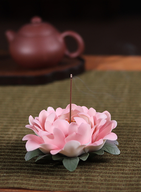 陶瓷手捏牡丹花线香插摆件手工瓷花客厅茶室桌面装饰花朵工艺装饰