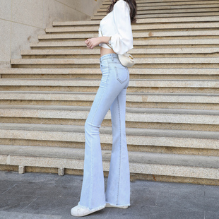 复古微喇牛仔裤女高腰2021春秋新款浅色显瘦港风坠感毛边喇叭长裤