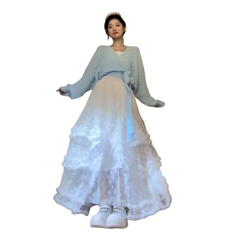 法式温柔风高腰网纱蓬蓬半身裙+吊带上衣衫+蓝色针织开衫三件套装,女装/女士精品,时尚套装,淘宝优惠券,粉丝福利购,淘宝优惠卷