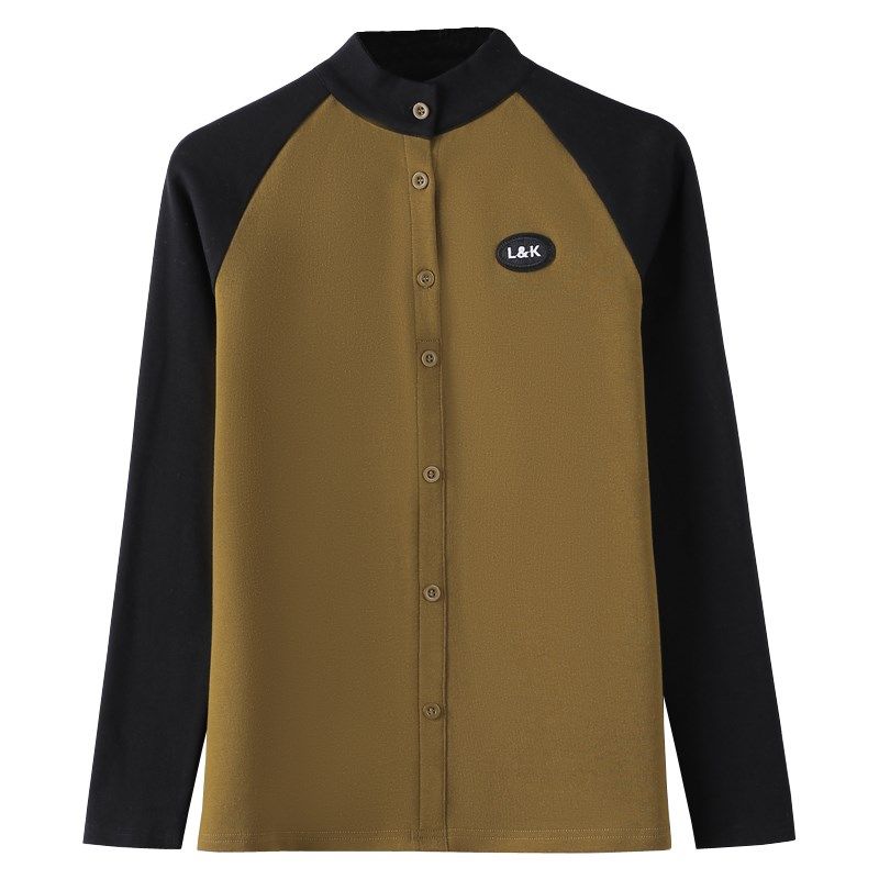 纯棉立领长袖t恤女内搭女装2024新款春秋打底衫撞色外穿洋气上衣