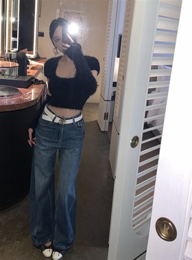 Mas Mash 新款复古宽松垂感显瘦镰刀阔腿牛仔裤女春蓝色直筒裤子