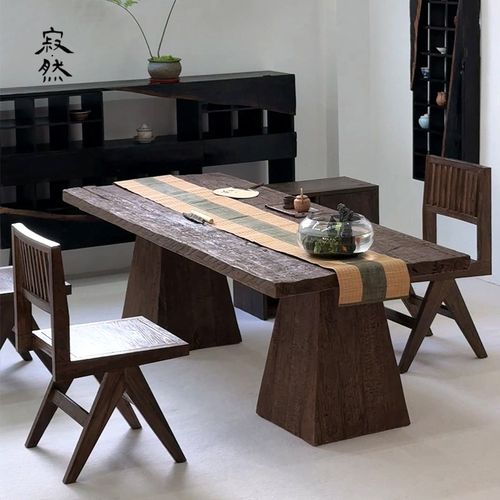 寂然实木茶桌茶台侘寂风茶室办公室茶几复古风化老木泡茶桌椅组合