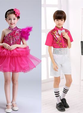 儿童公主裙幼儿蓬蓬纱裙六一表演服玫红色亮片裙阳光下的花朵服装