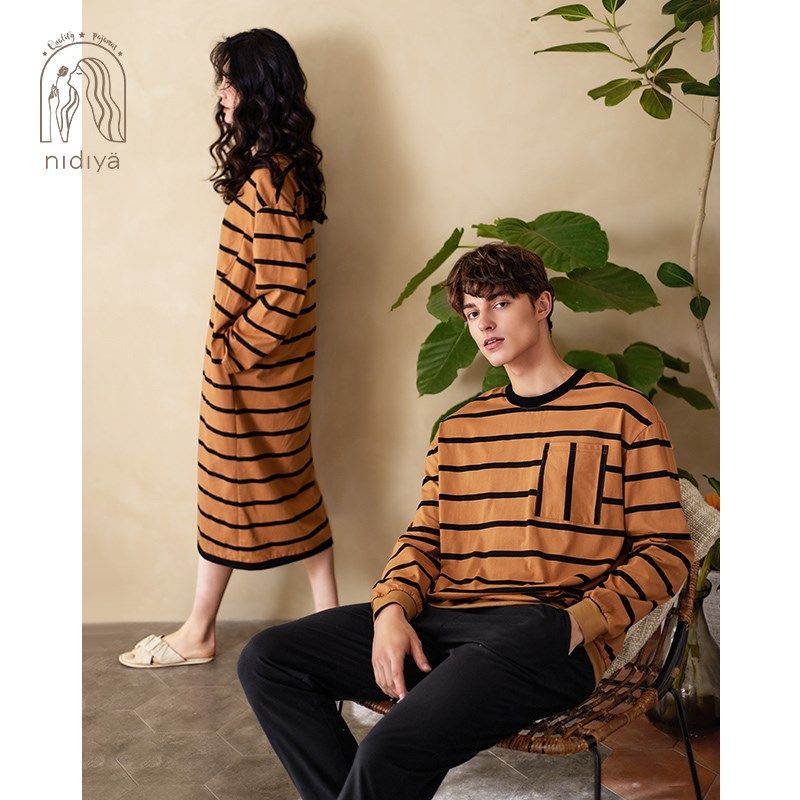 妮狄娅情侣睡衣女睡裙春秋纯棉长袖条纹款男时尚休闲家居服套装,女士内衣/男士内衣/家居服,睡衣/家居服套装,淘宝优惠券,粉丝福利购,淘宝优惠卷