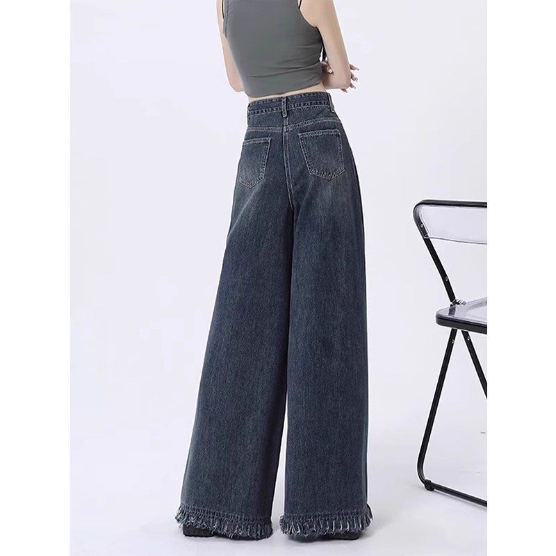 微胖女生穿搭大码美式毛边牛仔裤女胖妹妹高腰mm显瘦直筒拖地长裤