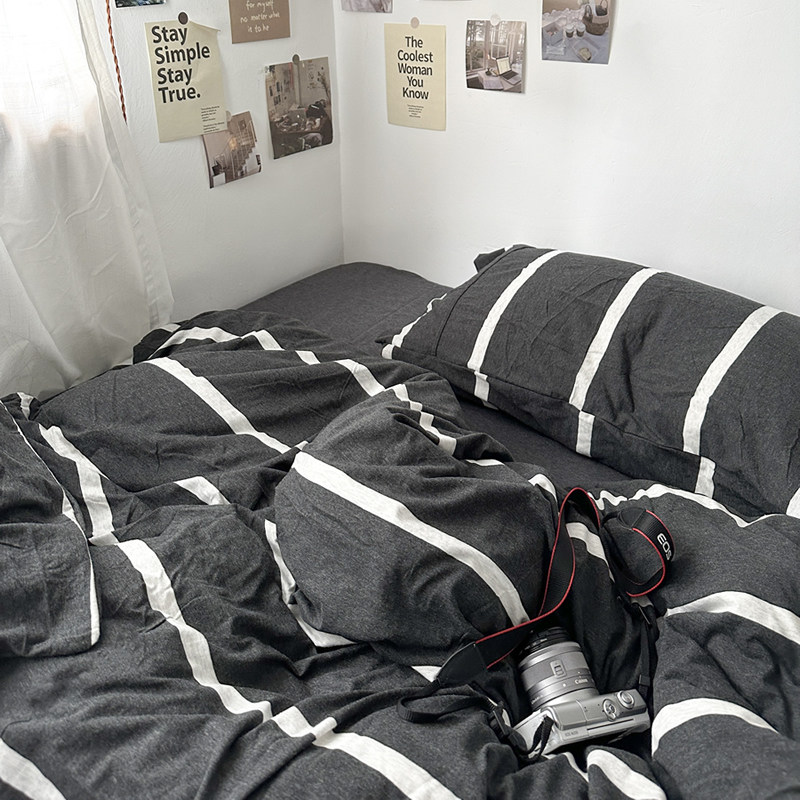 黑白简约条纹全棉纯棉床上四件套针织棉天竺棉裸睡床单被套床品