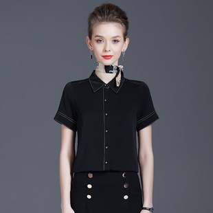 雪纺衬衫女修身显瘦2022夏季新款百搭气质上衣职业黑色短袖衬衣夏