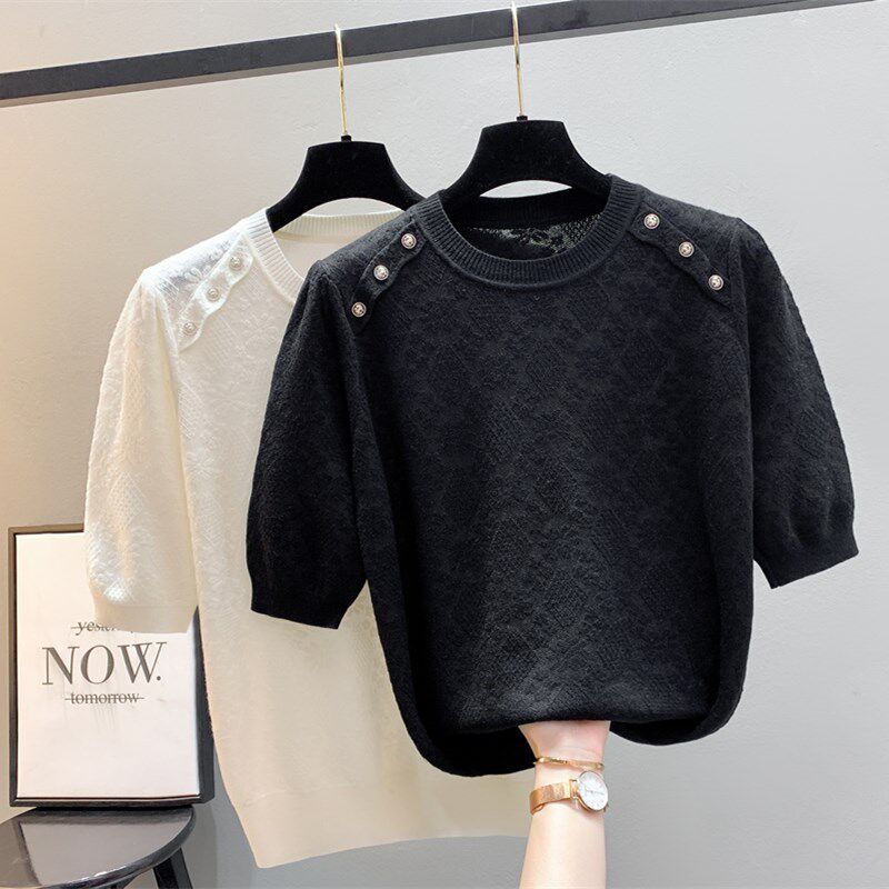 2025年圆领针织衫宽松休闲女士夏季罩衫上衣短袖薄款镂空防晒内搭