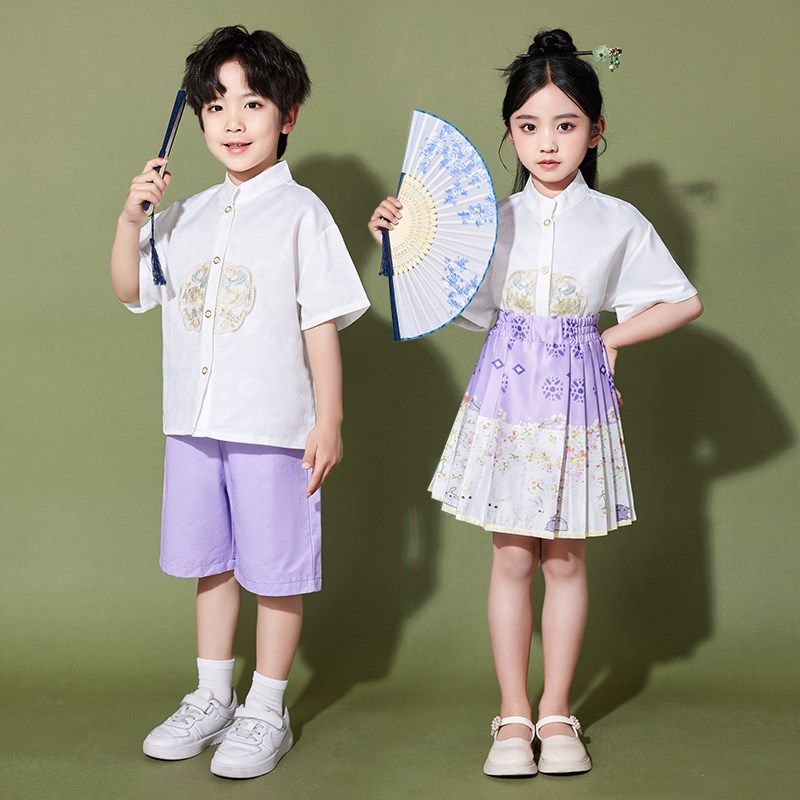 六一儿童中国风演出服紫色马面裙汉服套装幼儿园大合唱服朗诵表演