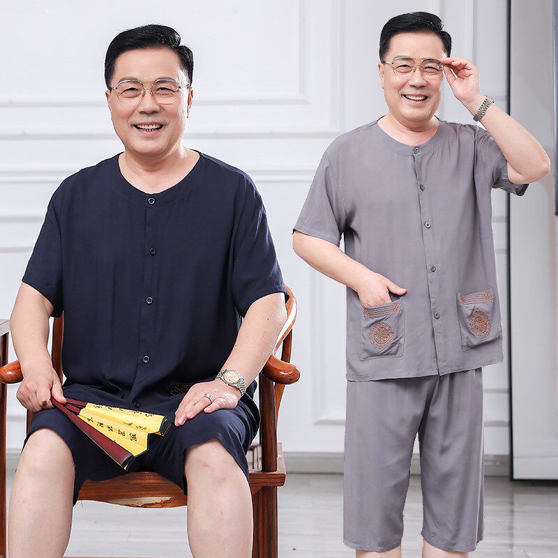 爸爸夏装套装棉绸短袖中老年人套装中式唐装爷爷衣服薄款休闲男装