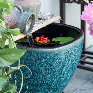 方形陶瓷大缸循环白桦树流水增氧鱼缸庭院客厅阳台养鱼盆摆件送礼