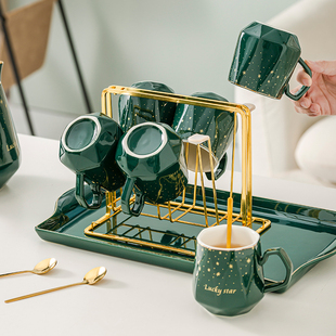 轻奢陶瓷杯子套装家用客厅水杯待客茶杯茶具带杯架高档冷水壶套装