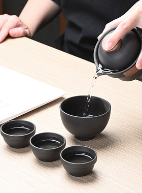 紫砂旅行茶具套装黑陶瓷户外便携式茶水分离快客杯泡茶壶一壶四杯