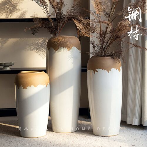 新中式复古简约落地大花瓶客厅玄关粗陶插花花器侘寂陶瓷摆件柏林