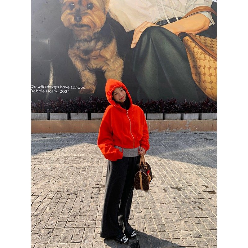 落落狷介 卫衣女冬加绒加厚橘红色连帽2024年新款外套小个子开衫