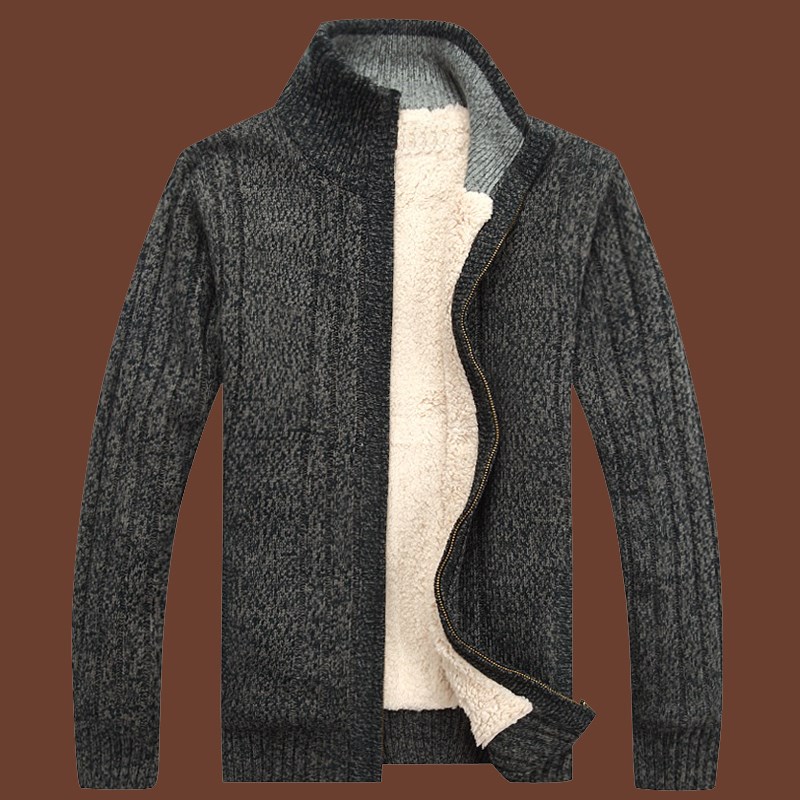 见展车冬装新款男士开衫毛衣加绒加厚男装大码羊羔毛衫厚款外套