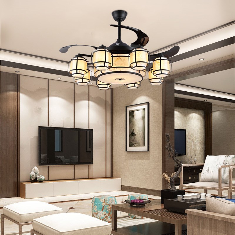 新中式吊灯隐形吊扇灯客厅灯仿古风扇灯古典餐厅吊灯LED电风扇灯