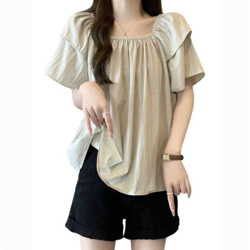 大码气质甜美风复古方领雪纺短袖衬衫女胖mm宽松显瘦遮肚百搭上衣