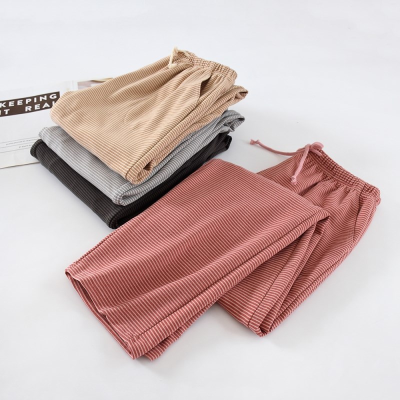 新款发热德绒女士居家长裤子宽松条纹睡裤直筒大码加绒保暖家居裤