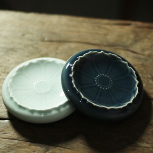 素功瑾礼霁青中式雕刻莲花茶杯杯垫影青茶壶壶承杯托禅意壶托茶盘