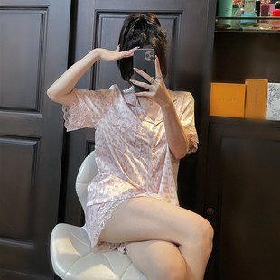 维多控粉色豹纹睡衣女夏季真丝宽松衬衫短袖短裤蕾丝家居服两件套