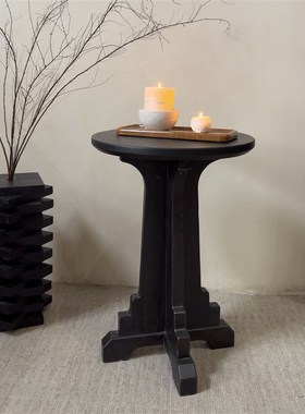 侘寂风实木茶几阳台沙发小边几简约休闲边桌中古风艺术黑色小圆几