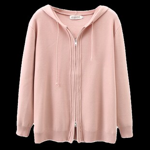 大码秋冬女士新款毛衣外套200斤胖mm设计感连帽双拉链头针织开衫