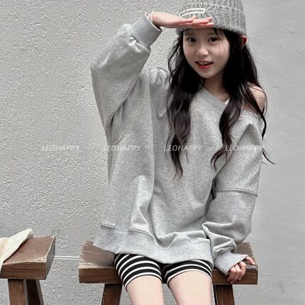 LEOHAPPY女童卫衣春季新款儿童套头衫毛圈底一字领长袖休闲上衣N