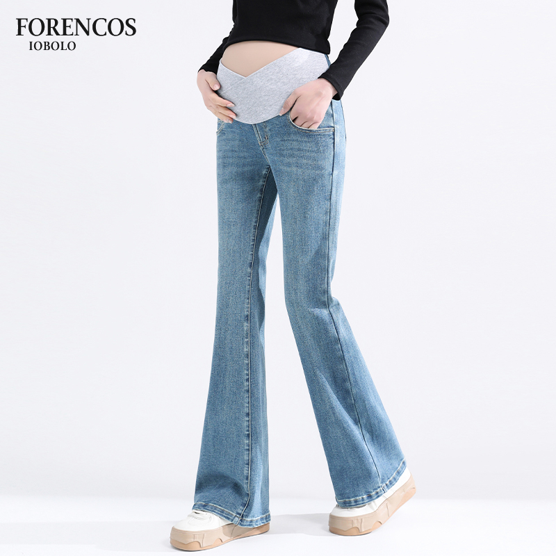 孕妇裤子牛仔喇叭裤春秋款外穿小个子直筒微喇时尚大码休闲拖地裤