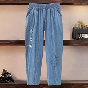 宽松老爹裤 中老年妈妈刺绣高腰盘扣八分休闲裤 夏装 牛仔裤 薄款 大码