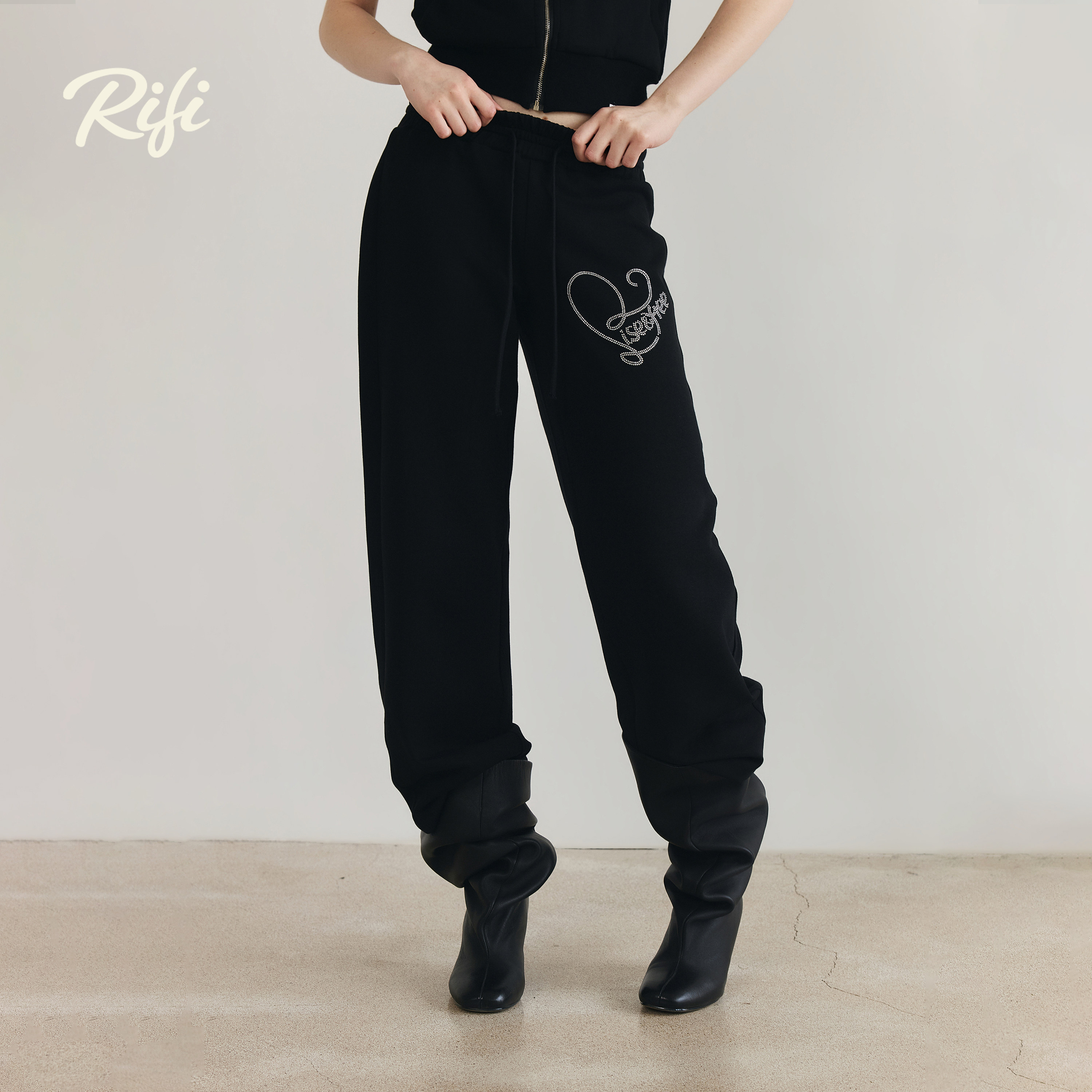 RiFi /"抽绳印花阔腿低腰裤"夏季薄款直筒休闲裤长裤高弹修身显瘦
