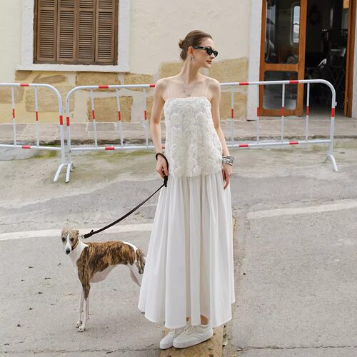 MarcMoore旗舰店法式仙女风白色蕾丝吊带连衣裙女假两件长裙礼服