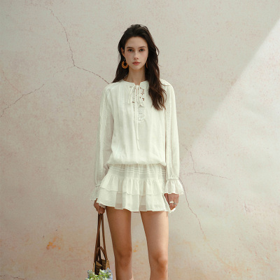 MarcMoore旗舰店法式温柔苎麻蕾丝系带收腰仙气喇叭袖衬衫裙2026