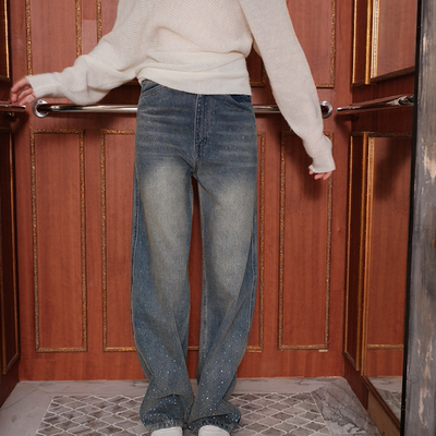 MarcMoore旗舰店董璇/刘些宁/祝绪丹烫钻渐变显瘦弯刀牛仔裤