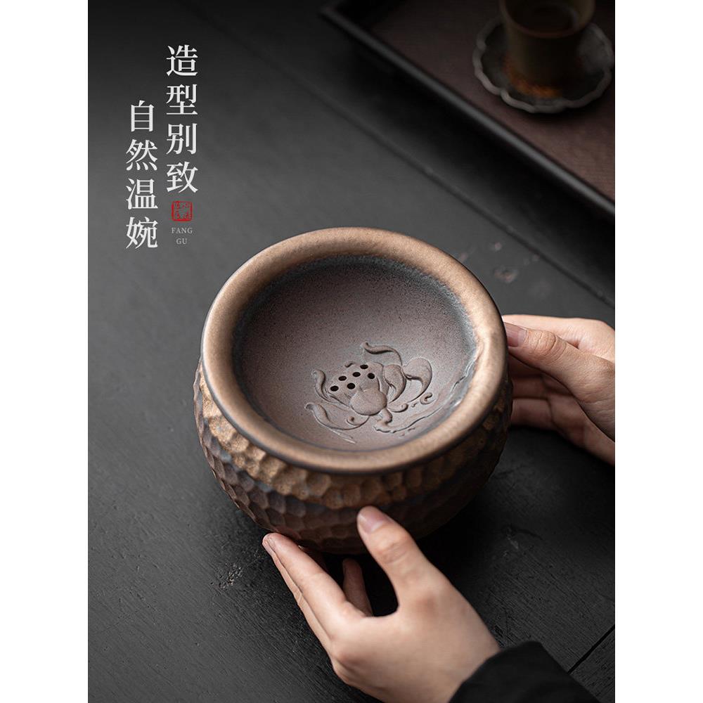 茶渣缸建水茶洗茶水缸废水桶桌面洗茶带过滤覆古粗陶干湿分离水盂