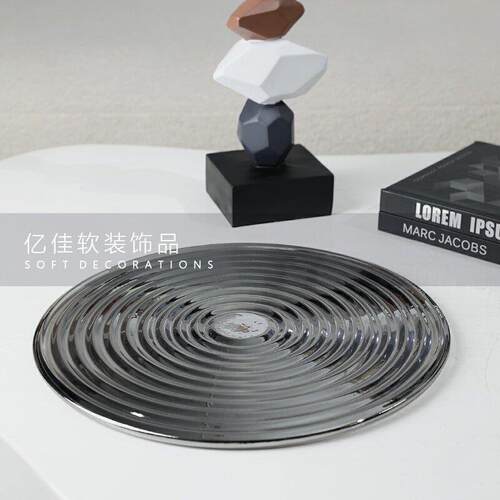 现代简约轻奢摆件圆形玻璃托盘桌面收纳盘摆件样板间客厅茶几摆设